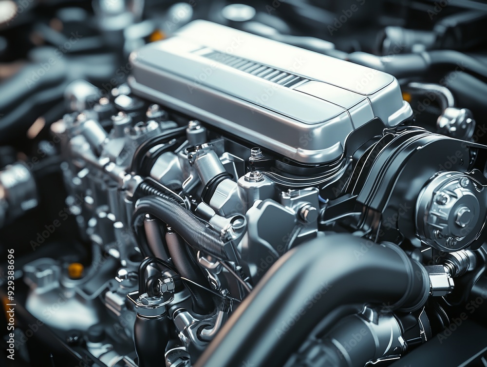 Highly detailed modern car engine in silver and black colors, side view ...