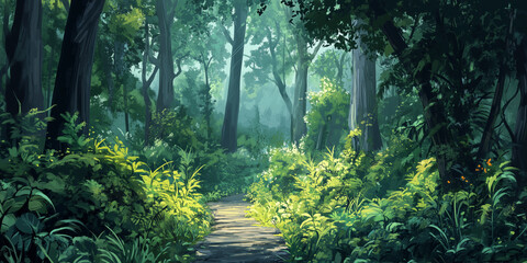 Poster - Narrow path through dense forest, flanked by thick underbrush and towering trees, flat illustration