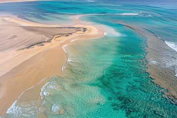 Poster - Aerial view of a sandy beach and the ocean, perfect for travel or coastal-themed projects