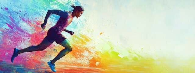 A young woman in athletic gear running energetically against a vibrant, colorful background, embodying strength and determination.