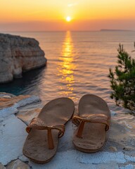 Wall Mural - Sandals on a rocky cliff overlooking a sunset over the ocean. AI.