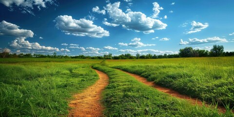 Sticker - A dirt path winds through a grassy field under a blue sky with white clouds. AI.