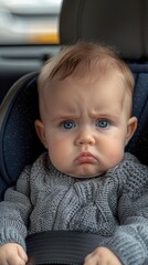 Sticker - A baby with a serious expression in a car seat. AI.