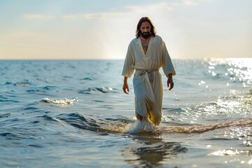 Poster - A man in a robe walks along the surface of calm water, looking out at the surroundings