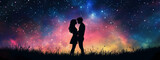 Silhouetted couple embracing under a vibrant, star-filled night sky with colorful aurora hues.