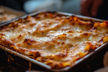 Lasagna, A baked dish made with layers of pasta sheets, meat (typically beef or pork), ricotta cheese, tomato sauce, and topped with mozzarella and Parmesan cheese.