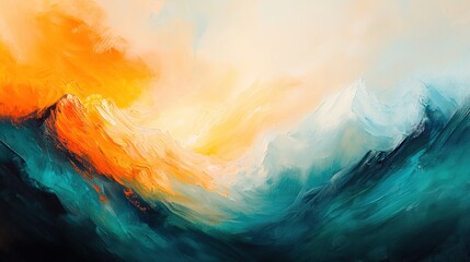 Abstract painting with orange and teal mountains and white sky.