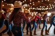 © woters - Cowgirls line dancing in a rustic barn during an evening country dance event