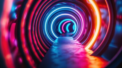 Wall Mural - abstract neon tunnel with vibrant blue, pink, and orange light rings creating a futuristic vibe.