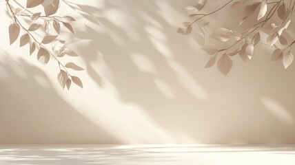 Wall Mural - Minimalist art with leaves casting shadows on beige background