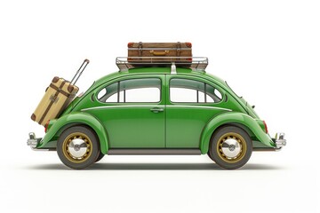 Wall Mural - A green car with luggage on the roof, possibly on a trip or vacation