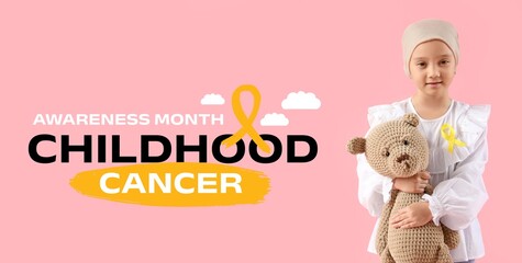 Poster - Little girl with golden ribbon and toy on pink background. Childhood Cancer Awareness Month