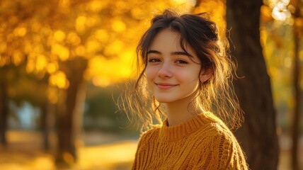 Wall Mural - young woman with dark hair in yellow sweater smiling sunlit autumn forest