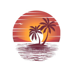 Wall Mural - A clean and modern logo depicting an exotic island with a swaying palm tree under a colorful sunset sky. Ideal for travel agencies, beachside hotels, vacation rentals, and tropical businesses