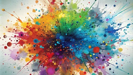 Abstract paint splatter background, random splashes of bright colors on a white canvas, energetic and chaotic