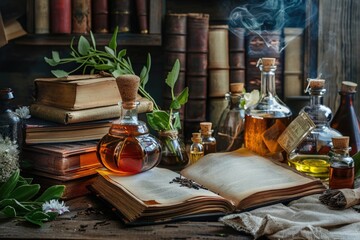 Canvas Print - A book sits atop a wooden table