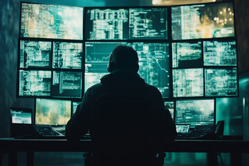 Silhouette of a male programmer in front of multiple screens filled with code in a dimly lit, high-tech workspace.