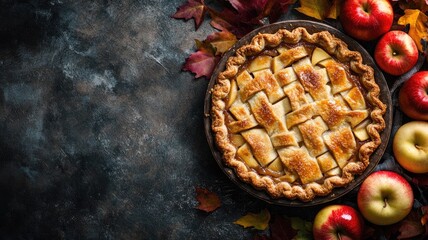 Wall Mural - Freshly baked lattice apple pie surrounded by apples and autumn leaves