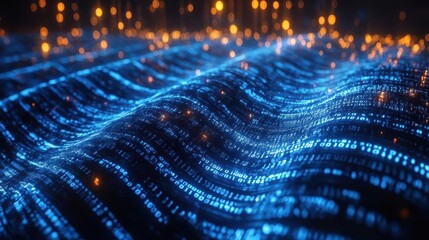 abstract digital landscape of glowing blue binary code streams flowing across computer screen symbol