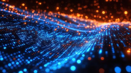 abstract digital landscape of glowing blue binary code streams flowing across computer screen symbolizing data and cybersecurity