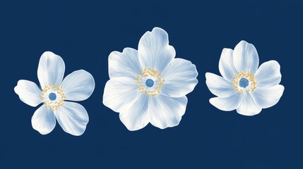 Canvas Print - A series of three art posters with white flowers against dark blue backgrounds