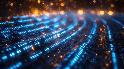 abstract technology concept glowing blue digital code numbers floating in a dark space representing programming languages and data flow