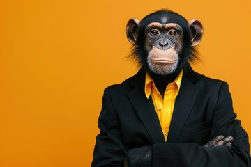a chimpanzee dressed in a black suit and yellow shirt, standing against an orange background.