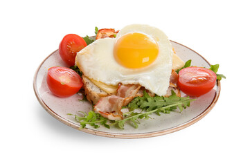 Wall Mural - Toast with tasty fried egg, bacon, tomatoes and arugula on white background