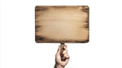 Hand holding a blank, rectangular wooden sign with a burnt-edge finish, isolated on a white background.