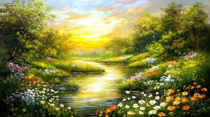 Wall Mural - It depicts a river with a field of flowers along its bank