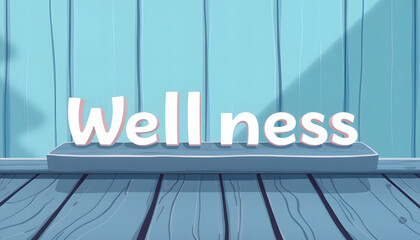 Wall Mural - Wellness text on a blue wooden table isolated with white highlights, png