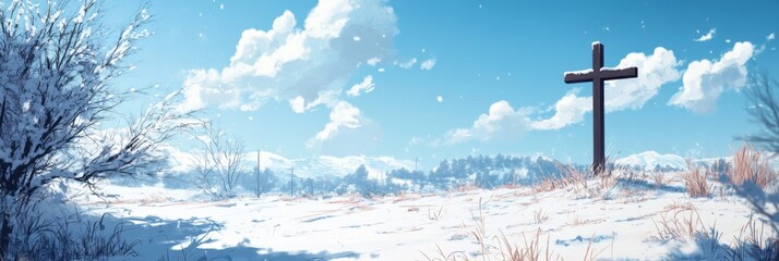 Enchanted anime-style Winter Scene with a Cross in the Snow: A Timeless Christmas and New Year 2025 Spiritual Holiday Marketing Poster,Anime-Style,illustration,Picture BooksFor Poster,Novel,UI,WEB,Gam