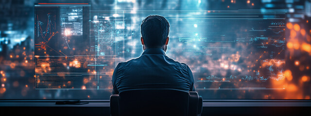 A man sits in a dark room facing multiple futuristic digital screens, immersed in data analysis with a colorful bokeh background.