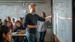 © eric.rodriguez - professor in a classroom standing at a whiteboard an algorythm problem in university students