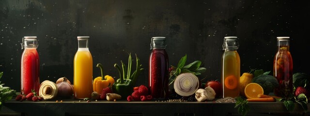 Freshly prepared juice bottles with ingredients on a dark rustic background