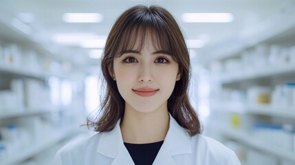 Young Asian woman in a lab coat, showcasing a new biotech invention, vibrant corporate office, professional yet approachable demeanor