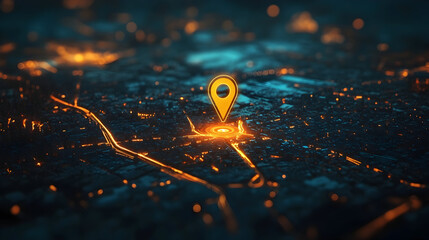 Wall Mural - A glowing geolocation marker on a map of a nighttime city