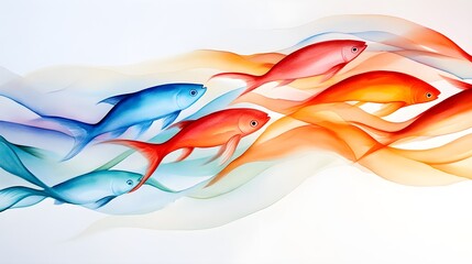 A mesmerizing display of fish moving as one, captured in watercolor, blending vibrant colors and fluid motion, an aquatic masterpiece