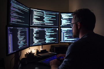 a male software developer working late at night, focused on multiple monitors displaying various lin