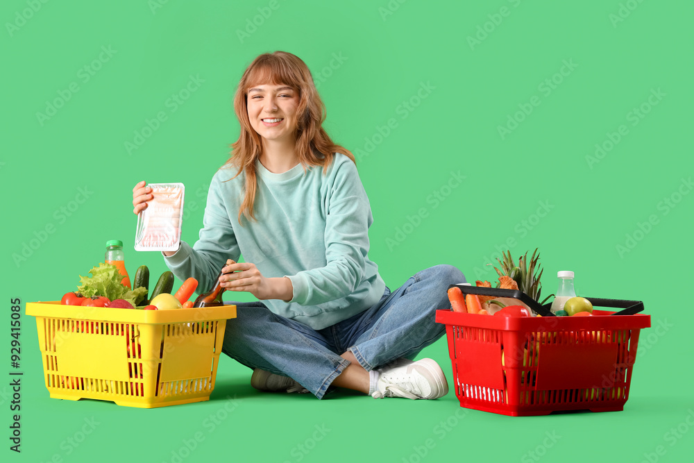 Young woman with full shopping baskets sitting on green background