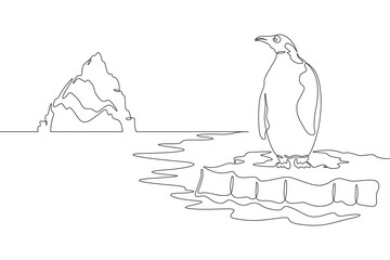 Wall Mural - Continuous one line drawing penguin on an ice floe. Large iceberg. South Pole. Penguin stands by the water. One continuous line isolated minimal illustration.