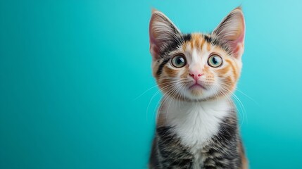 studio portrait of domestic calico cat standing and looking forward against a turquoise background : Generative AI