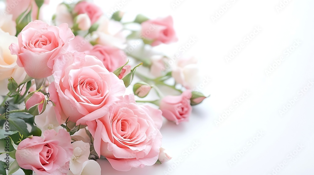 Pink rose and eustoma flowers in a corner floral arrangement isolated ...
