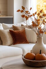 Poster - Cozy living room adorned with autumn decor and pumpkins for a warm seasonal touch