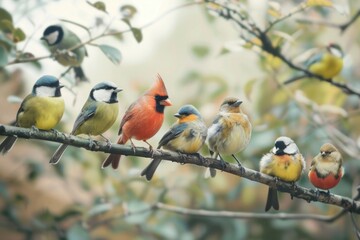 Canvas Print - A cluster of vibrant birds resting on a tree limb, ready to take flight