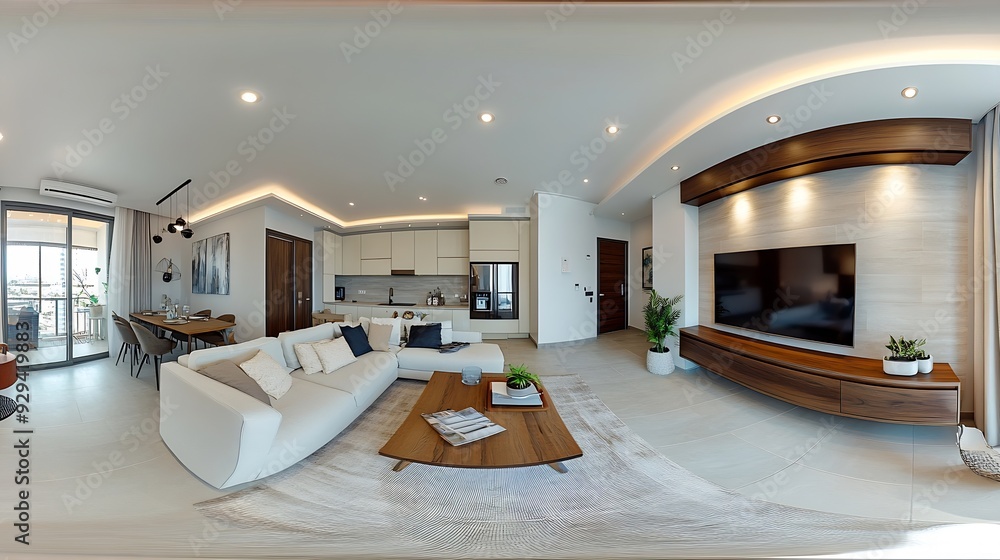 Equirectangular Kitchen full seamless hdri 360 panorama in interior of guest living room hall ...