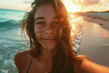 A young woman standing on the edge of a sandy beach, looking out at the sea