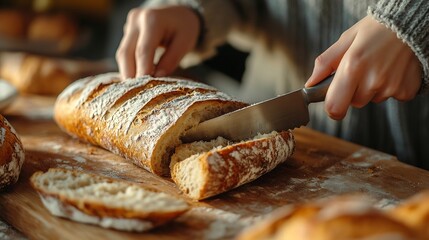 Woman cutting freshly baked rye baguette at wooden table closeup : Generative AI