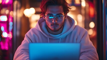 Young Handsome Man Using Laptop Computer To Check Social Media Listen To Music and Read Emails Creative Person Catching Up With Friends Online 3D Visualization of Online Platforms Conc : Generative AI