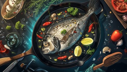 Wall Mural - grilled fish with vegetables in a restaurant